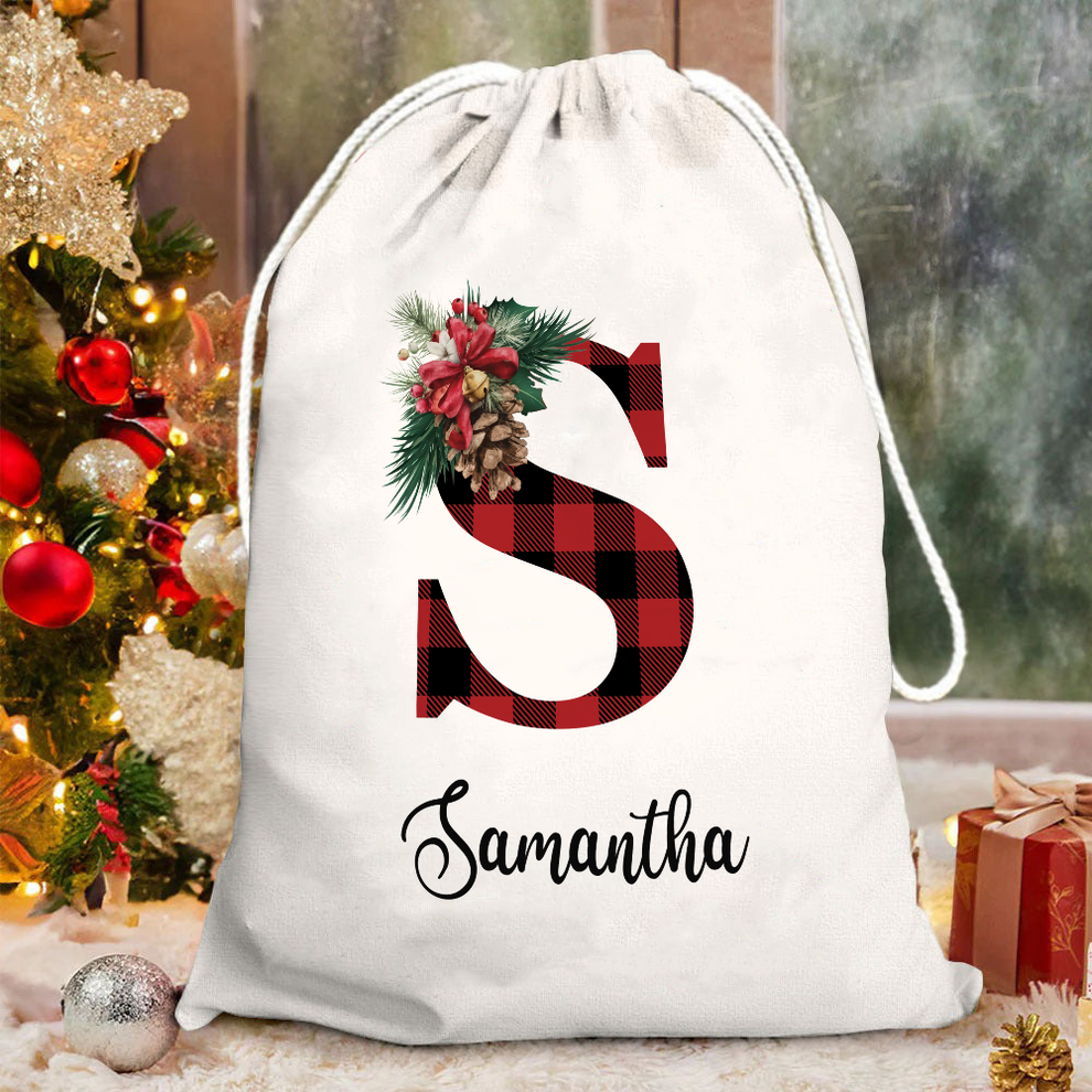 Custom Name Buffalo Plaid Santa Gift Bag santa sack, main view