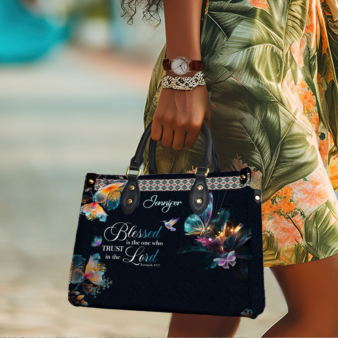 Personalized Blessed Is The One Who Trusts In The Lord handbag, carried outdoors