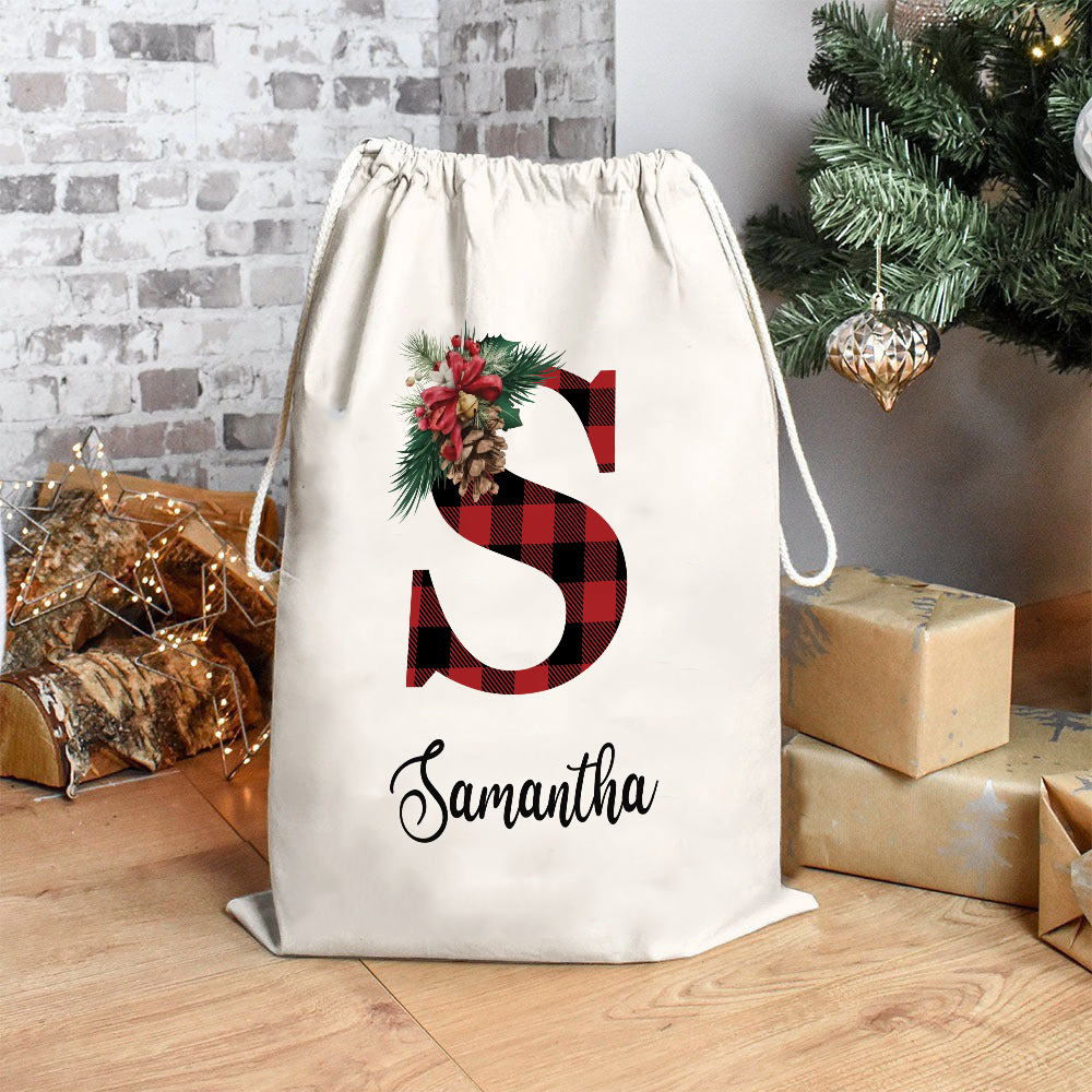 Custom Name Buffalo Plaid Santa Gift Bag - Personalized Santa Sack - Christmas Gift For Family