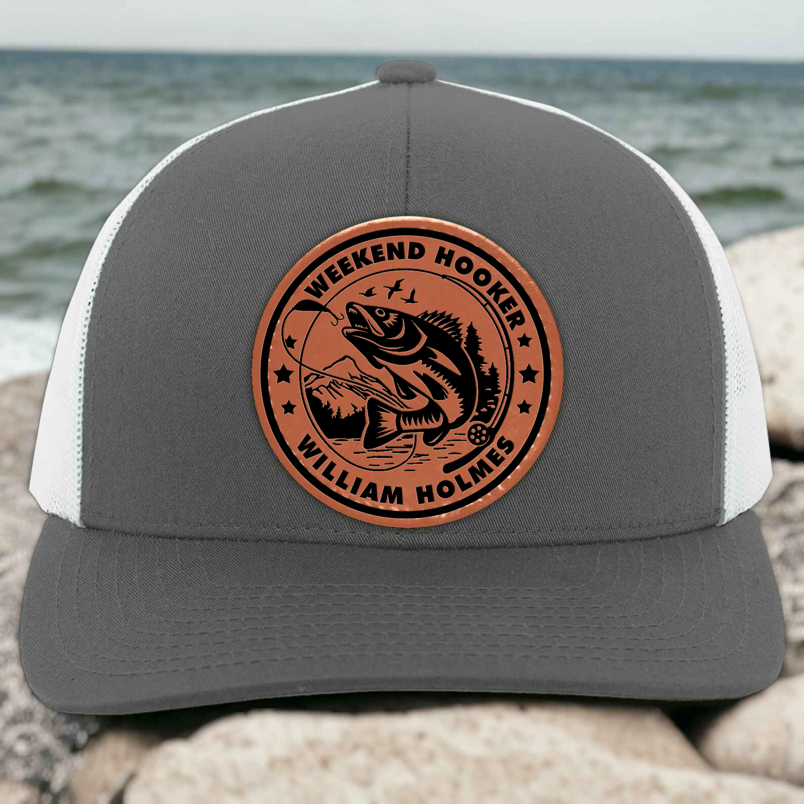 Weekend Hooker Funny Fishing - Personalized Leather Patch Hat - Gift for Him, Husband, Daddy, Fishing Lovers