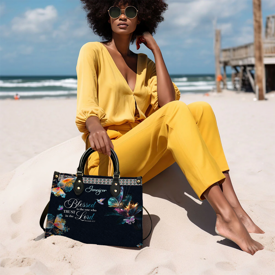 Personalized Blessed Is The One Who Trusts In The Lord handbag, worn on a beach