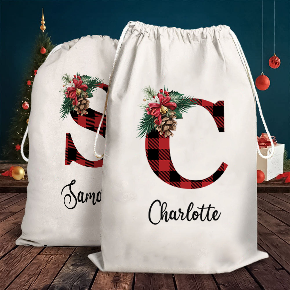 Custom Name Buffalo Plaid Santa Gift Bag - Personalized Santa Sack - Christmas Gift For Family