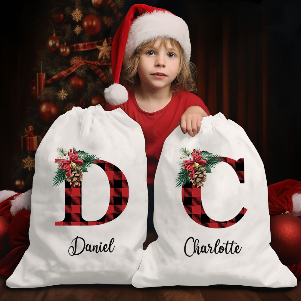 Custom Name Buffalo Plaid Santa Gift Bag - Personalized Santa Sack - Christmas Gift For Family