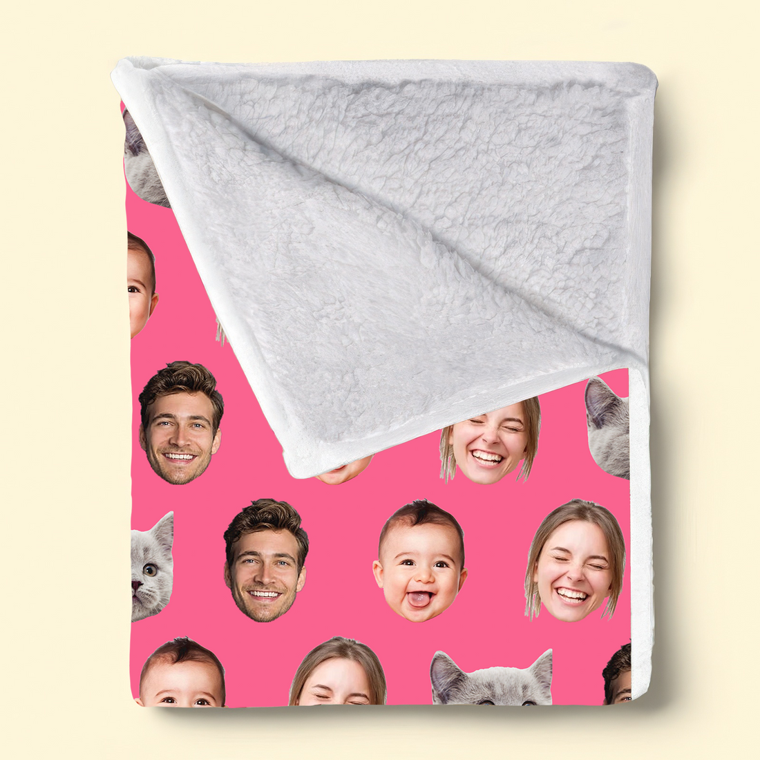 Custom Photo Family Blanket fleece blanket, held up in a bright room
