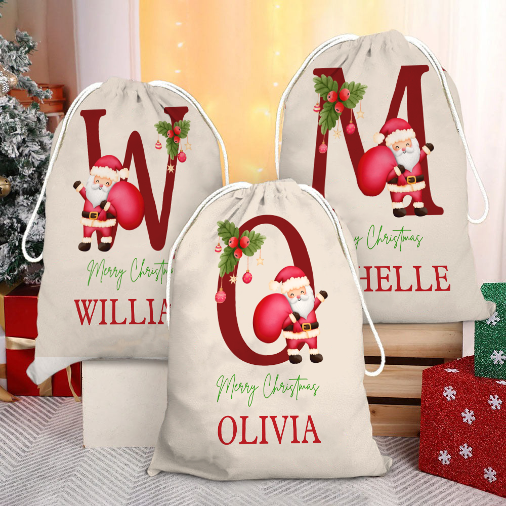 Custom Name & Initial Santa Gift Bag - Personalized Santa Sack - Christmas Gift For Family, Kids, Grandkids