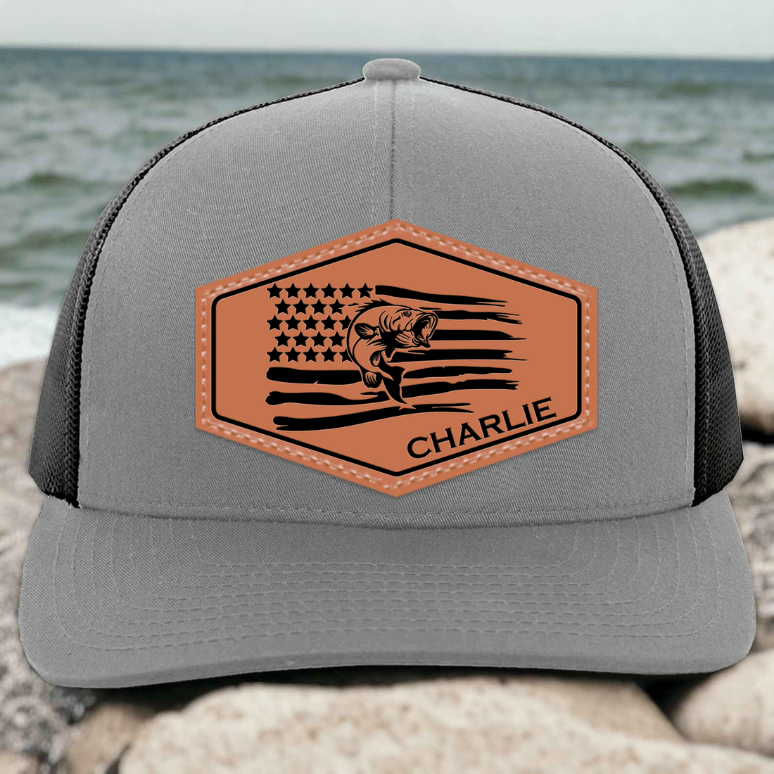 Personalized Fisherman Hat leather patch hat, alternate view 2