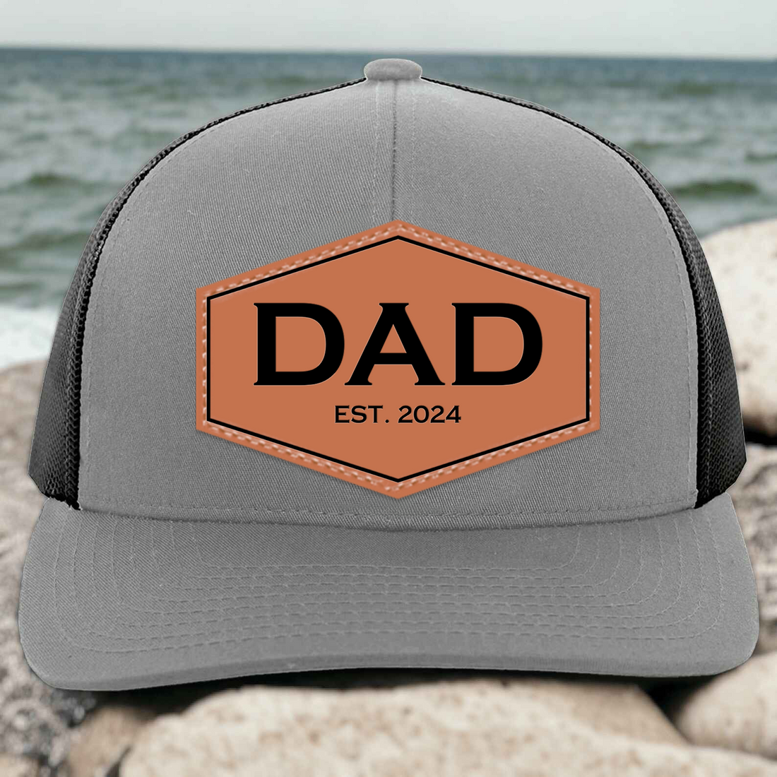 Personalized Dad EST leather patch hat, alternate view 2