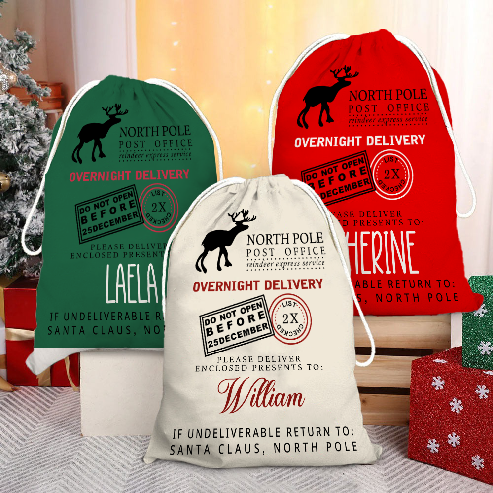 Custom Name North Pole Post Office Santa Gift Bag - Personalized Santa Sack - Christmas Gift For Family, Kids, Grandkids