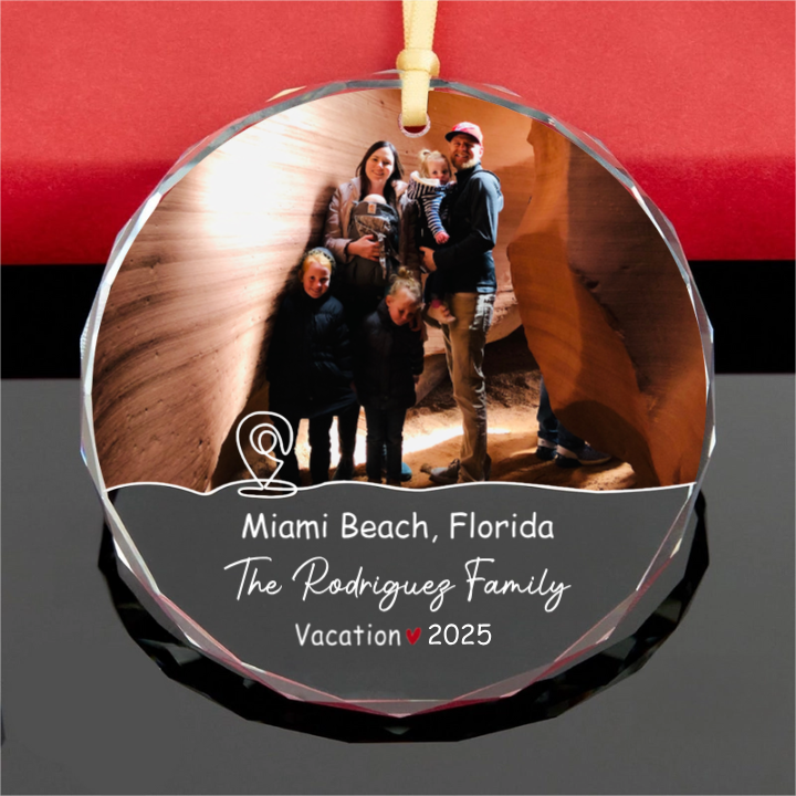 Custom Photo Family Vacation Keepsake - Personalized Circle Glass Ornament - Christmas Gift for Family Members
