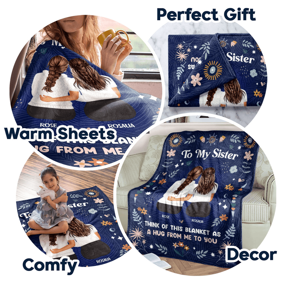 Personalized Sister or Bestie's Personalized Hug Blanket fleece blanket, sherpa reverse side folded back