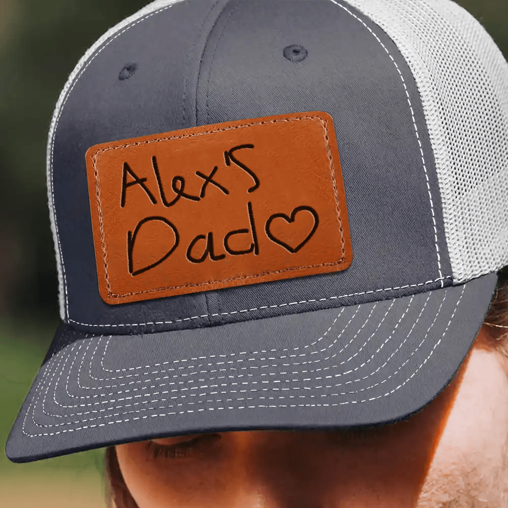 Custom Kids Handwriting Trucker Hat - Engraved Leather Patch Hat - Father's Day Gift for Him, Husband, Daddy, Grandpa | From Daughter, Kid, Son