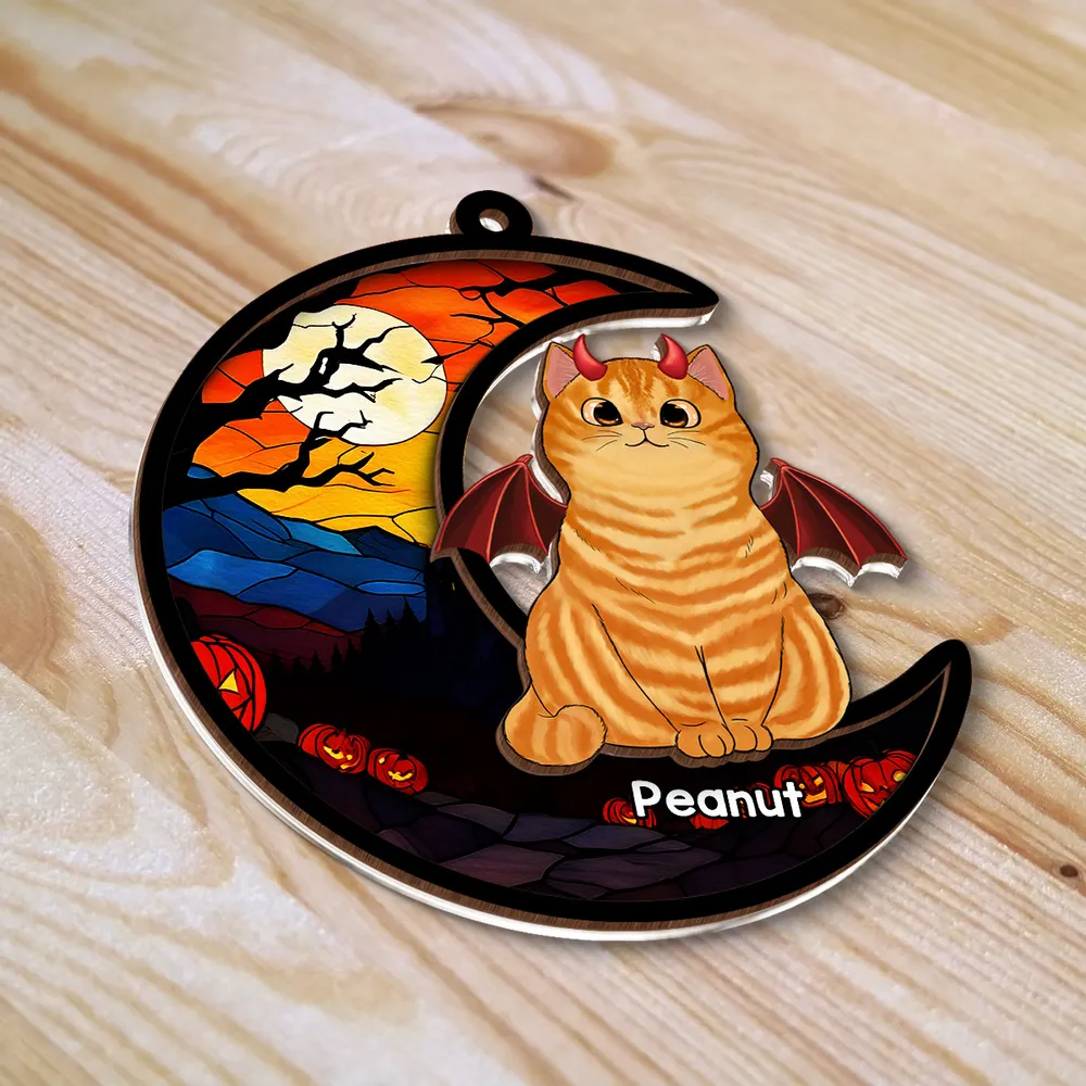 Halloween Cat On Moon - Personalized Window Hanging Suncatcher Ornament - Gift For Cat Mom, Cat Dad, Cat Lovers