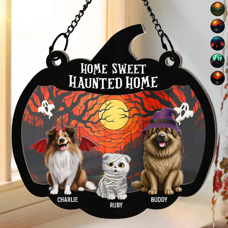 Halloween Home Sweet Haunted Home Pet Lovers - Personalized Window Hanging Suncatcher Ornament - Gift For Dog/Cat Owners, Dog/Cat Lovers