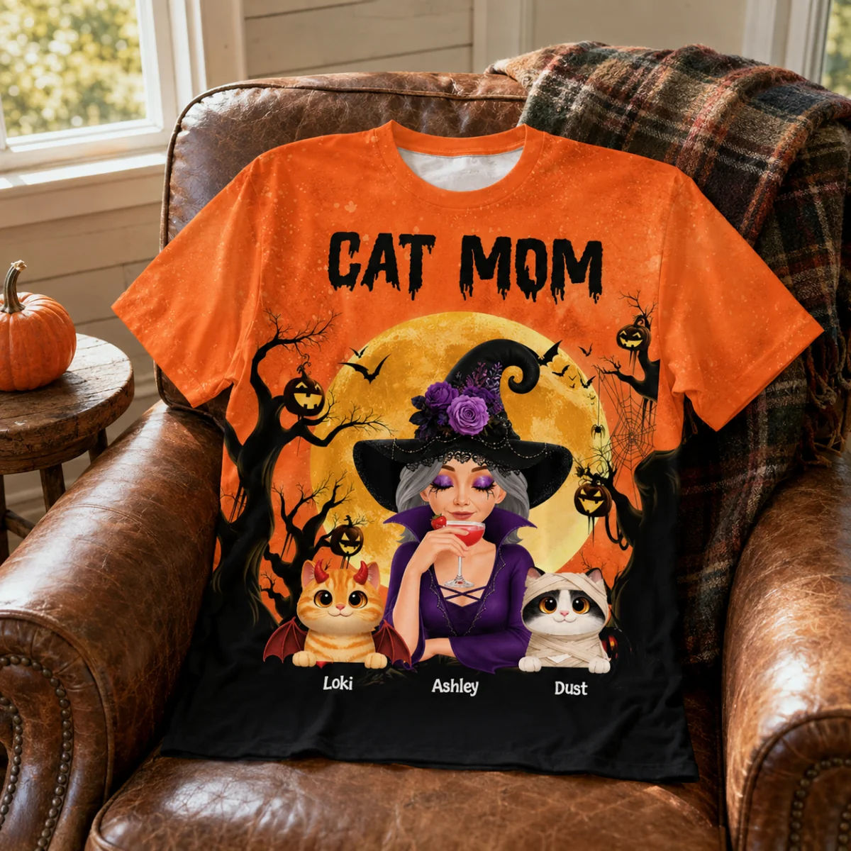Halloween Theme Spooky Cat Mom Witch - Personalized All-Over Print T-Shirt - Halloween Gift for Cat Lovers, Cat Mom