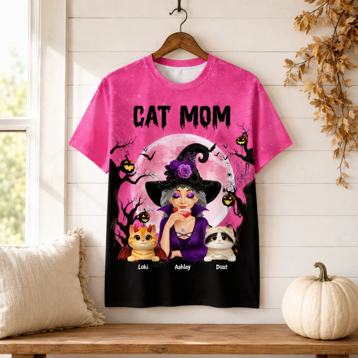 Halloween Theme Spooky Cat Mom Witch - Personalized All-Over Print T-Shirt - Halloween Gift for Cat Lovers, Cat Mom