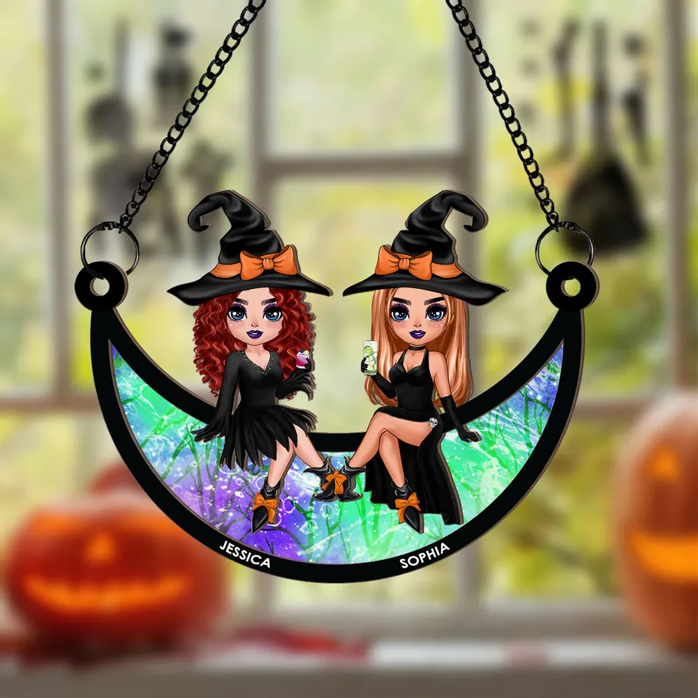 Halloween Witch Besties Sitting On Moon - Personalized Window Hanging Suncatcher Ornament - Gift For Her, Besties, Best Friends, Sisters