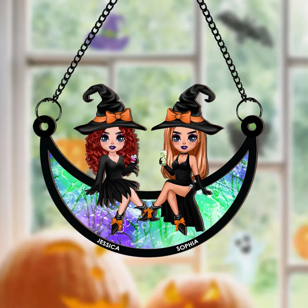 Halloween Witch Besties Sitting On Moon personalized suncatcher ornament, alternate view 2