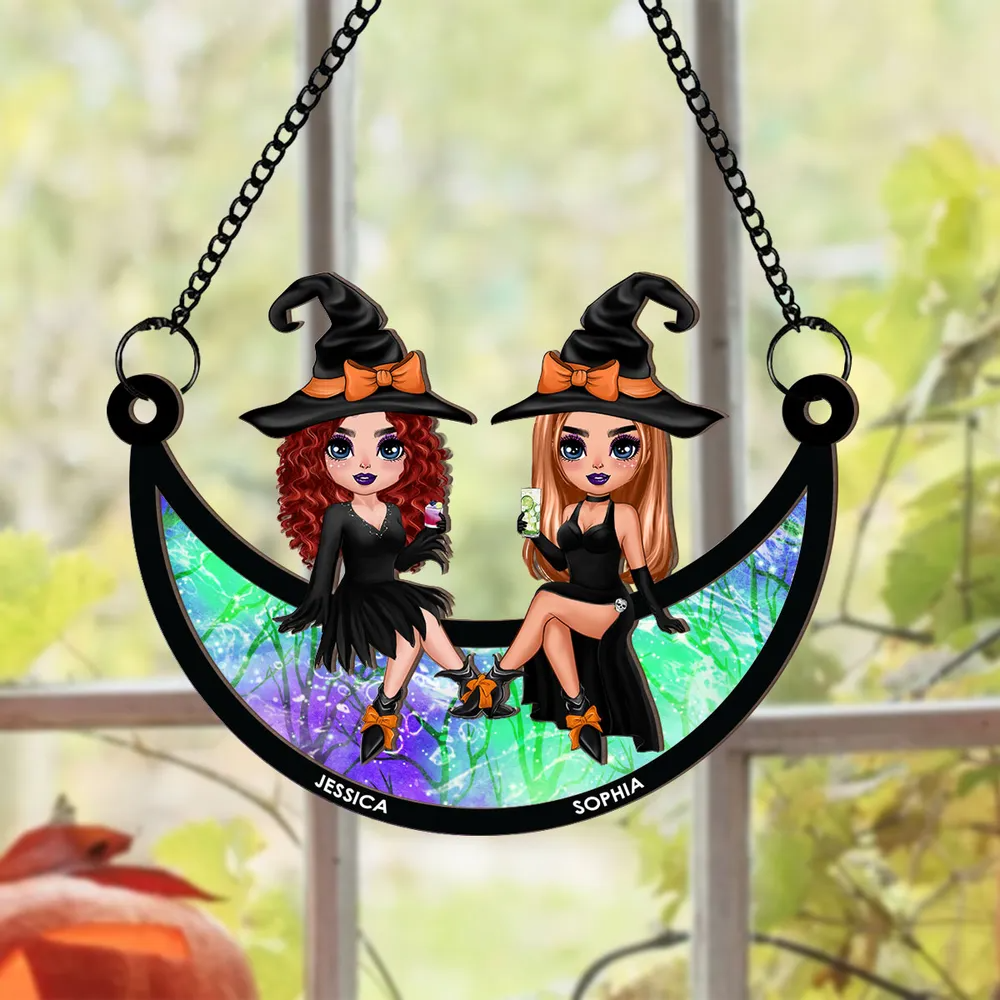 Halloween Witch Besties Sitting On Moon personalized suncatcher ornament, alternate view 3