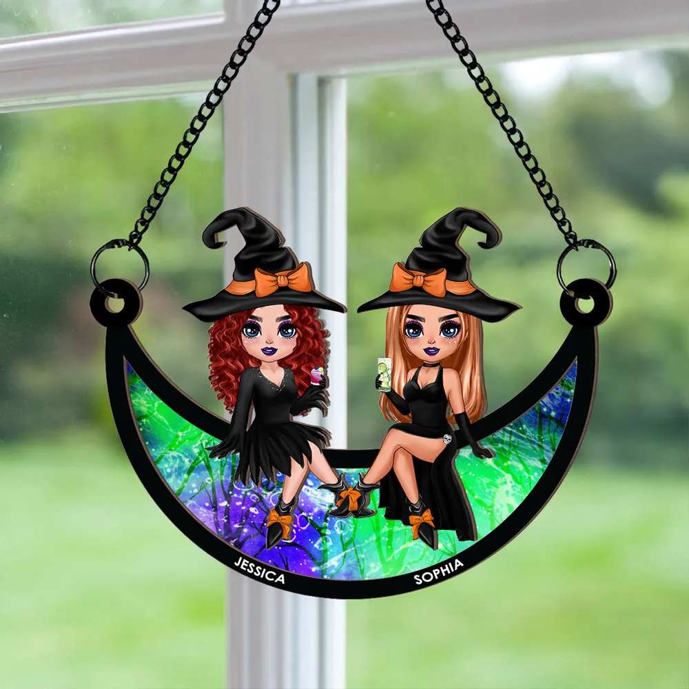 Halloween Witch Besties Sitting On Moon - Personalized Window Hanging Suncatcher Ornament - Gift For Her, Besties, Best Friends, Sisters