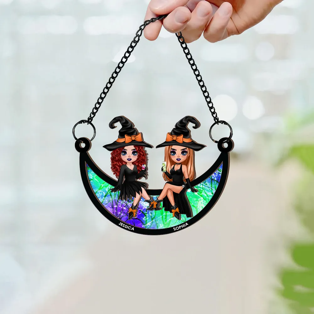 Halloween Witch Besties Sitting On Moon personalized suncatcher ornament, alternate view 5