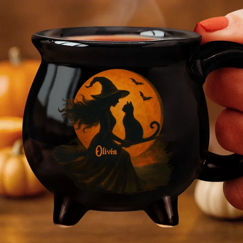 Custom Name Halloween Witchy - Personalized Ceramic Cauldron Coffee Mug - Halloween Gifts For Besties, Sisters, BFF, Family, Yourself