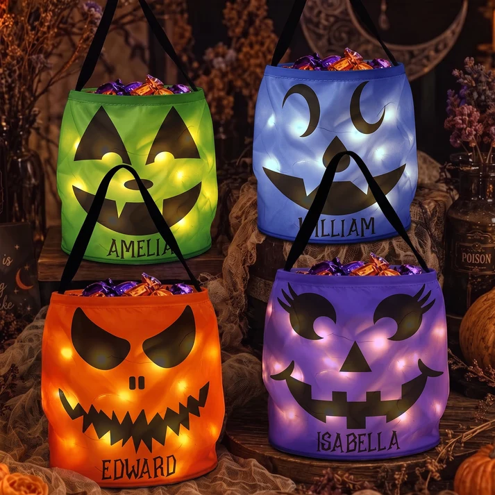 Halloween Candy Bag For Kids Scary Pumpkin Face - Personalized Halloween Candy Bag With LED Light - Gift For Grandson, Granddaughter, Son, Daughter