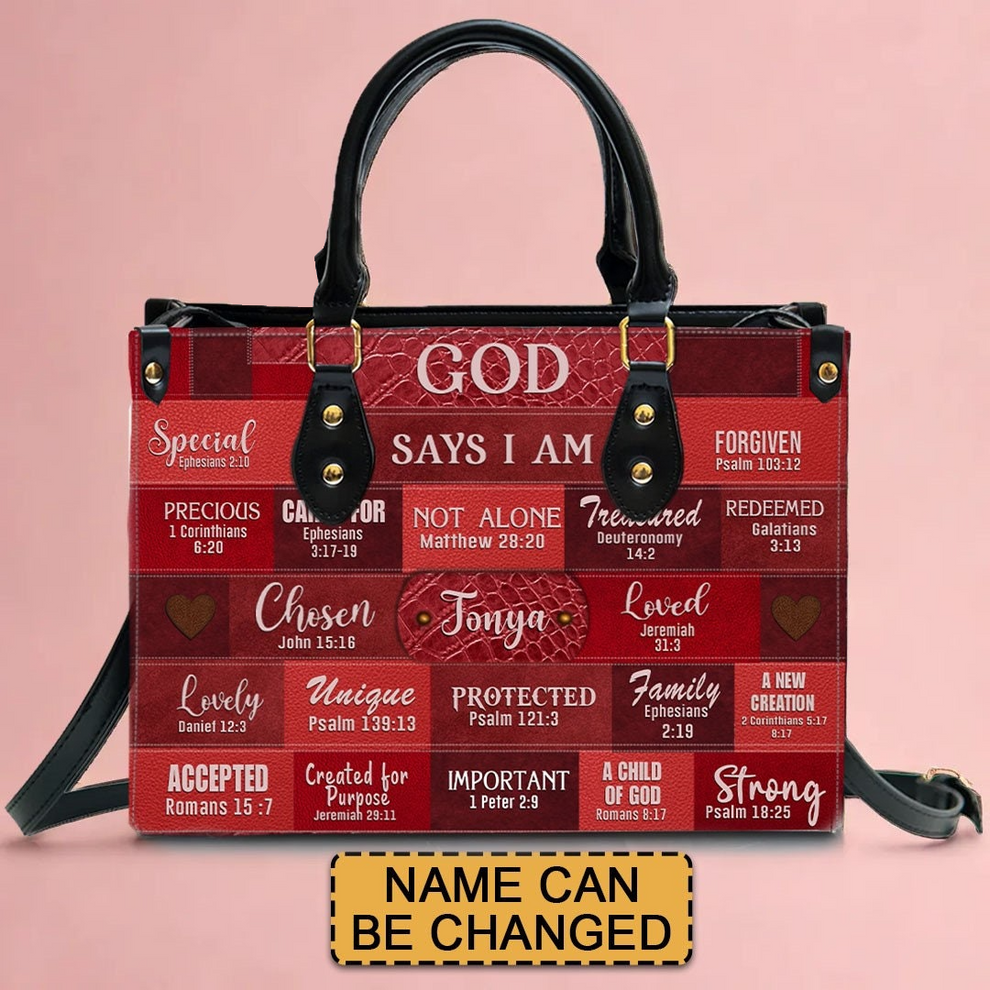 Personalized Christianartbag God Says I Am Red handbag, front view with name options