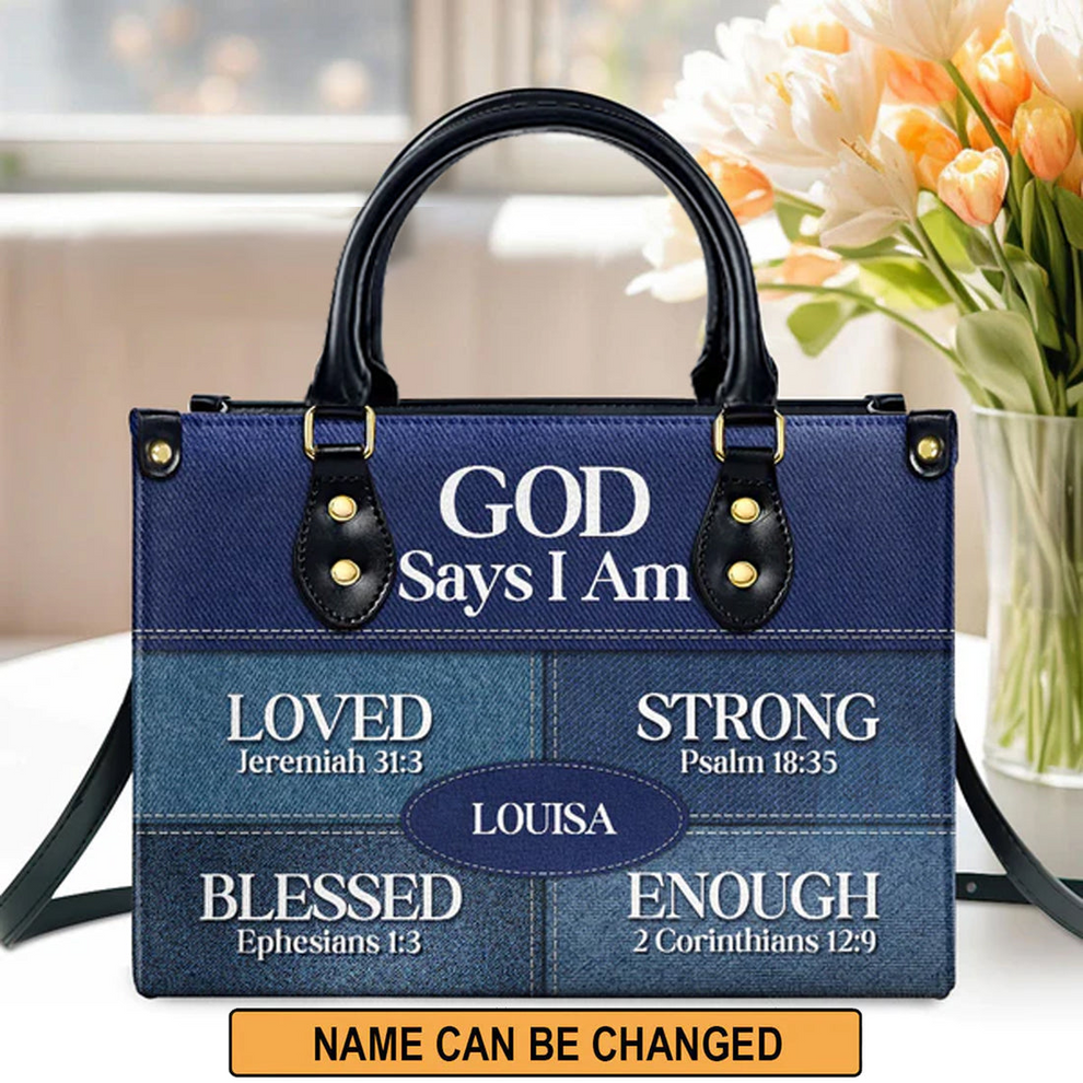 Personalized Christianartbag God Says I Am Blue handbag, front view with name options