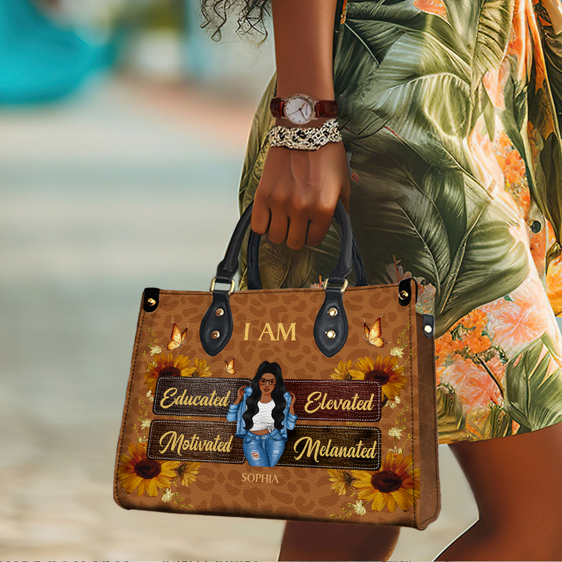 Personalized I Am Educated, Melanated leather handbag, carried outdoors