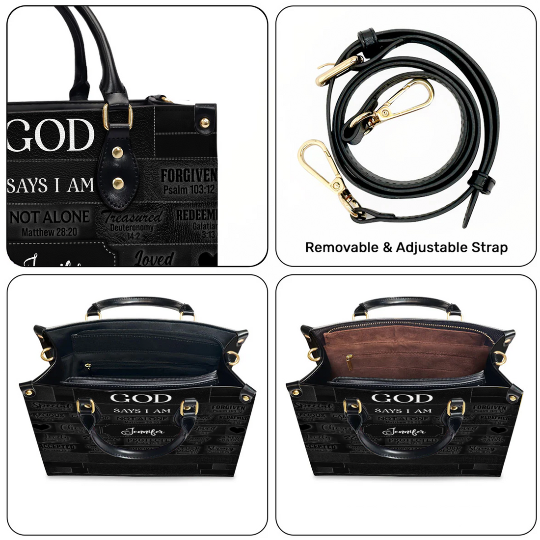 Personalized Christianartbag God Says I Am Black leather handbag, held at the hip