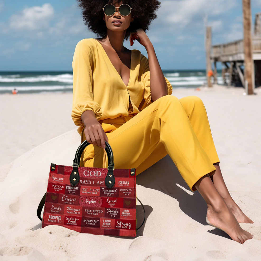 Personalized Christianartbag God Says I Am Red handbag, worn on a beach