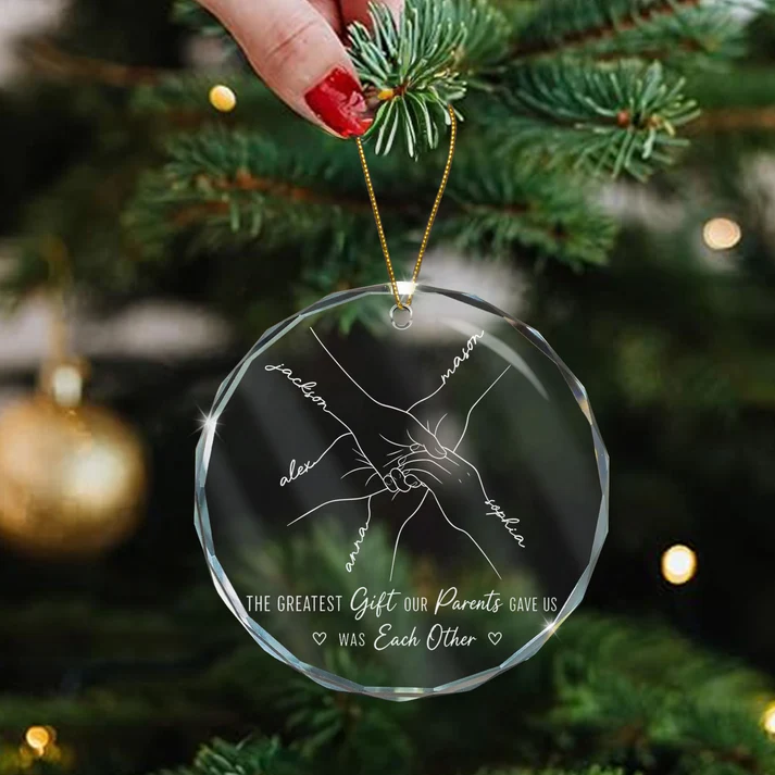 Hands Line Art Custom Name Gift For Sibling - Personalized Circle Glass Ornament - Christmas Gift For Brothers, Sisters, Siblings