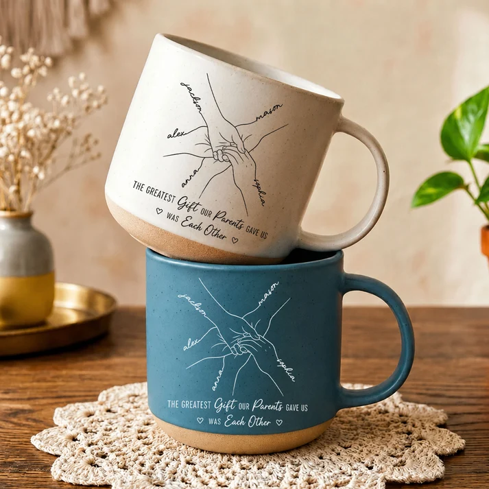 Hands Print Line Art Custom Name - Personalized Pottery Mug - Gift For Brothers, Sisters, Siblings
