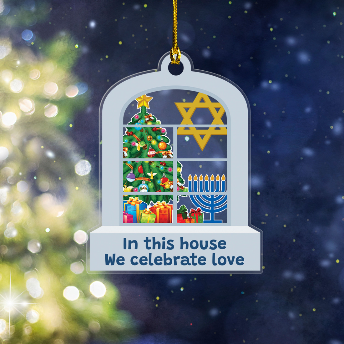 Hanukkah Acrylic Ornament - Custom Shaped Acrylic Ornament - Interfaith Family Gift Ideas, Jewish and Christian Family Decorations