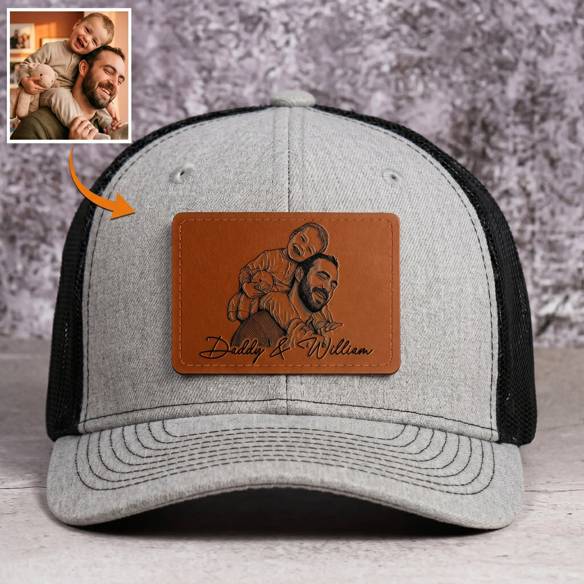 Custom Photo Sketch Line Art Dad - Personalized Leather Patch Hat - Father's Day Gifts for Husband, Dad, Daddy, Grandpa, Papa