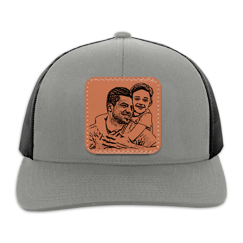 Custom Photo Outline Portrait - Personalized Leather Patch Hat - Father's Day Gift for Him, Husband, Daddy