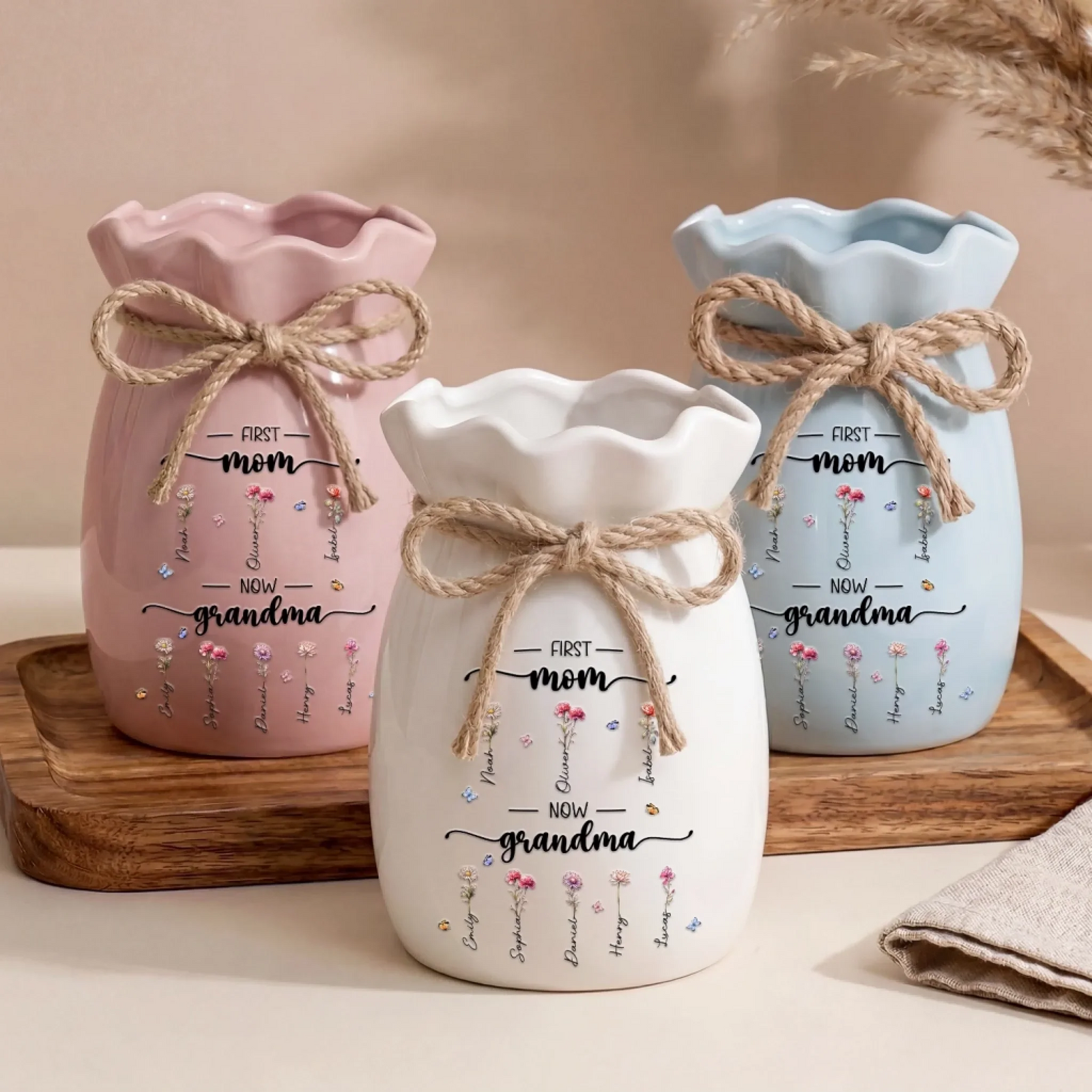 Her Love Bloomed Into Generations First Mom Now Grandma - Personalized Flower Vase With Ribbon - Mother's Day Gift For Mom, Grandma