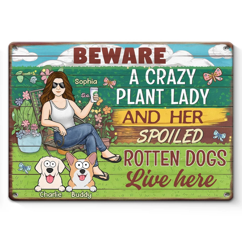Here Lives A Plant Lover And Her Precious Little Dog/Cat - Personalized Metal Sign - Gift for Dog/Cat Lovers, Pet Lovers, Plant Lovers