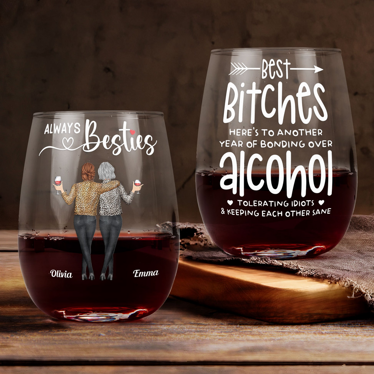 Here's To Another Year Of Laughing Besties - Personalized Stemless Wine Glass - Gift For Her, Besties, Friends, Sister, Soul Sisters, Coworkers