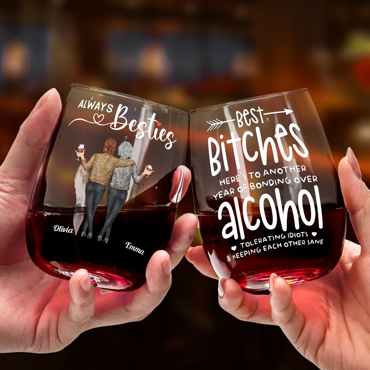 Here's To Another Year Of Laughing Besties - Personalized Stemless Wine Glass - Gift For Her, Besties, Friends, Sister, Soul Sisters, Coworkers