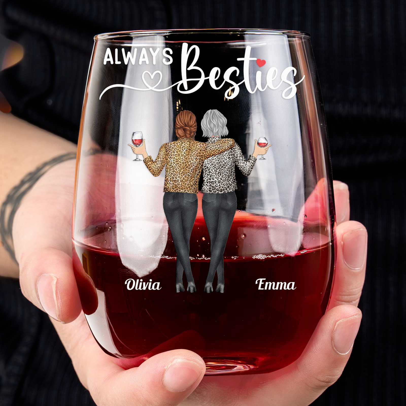 Here's To Another Year Of Laughing Besties - Personalized Stemless Wine Glass - Gift For Her, Besties, Friends, Sister, Soul Sisters, Coworkers