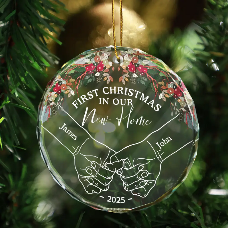 Holding Hands First Christmas Couple - Personalized Circle Glass Ornament - Christmas Gift For Her/Him, Husband/Wife, Couples