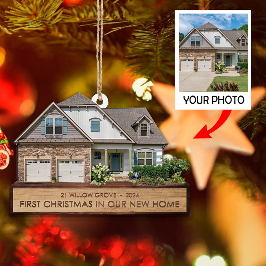 Custom House Photo Ornament, House Photo Ornament, Christmas personalized custom shaped acrylic ornament, alternate view 2