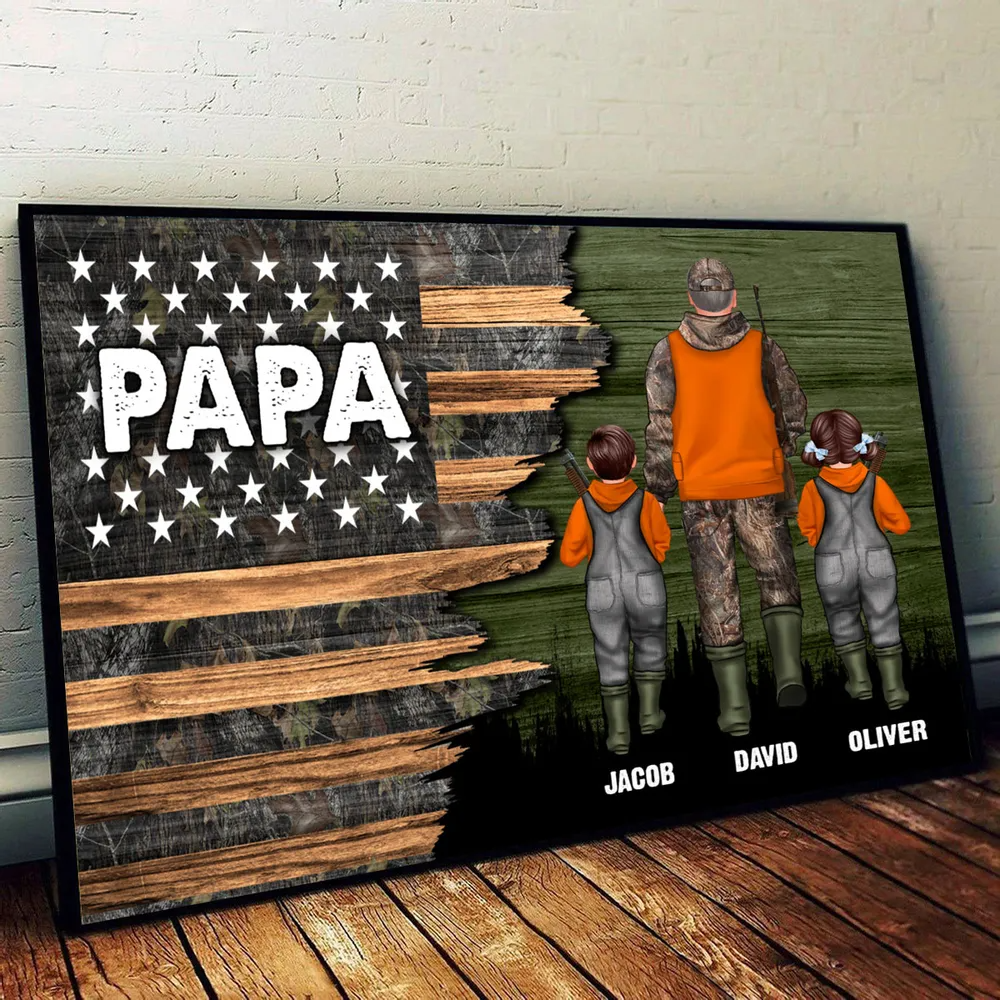 Personalized Hunting Dad Grandpa With Kids Half Nation Flag canvas print, framed in a bright living room