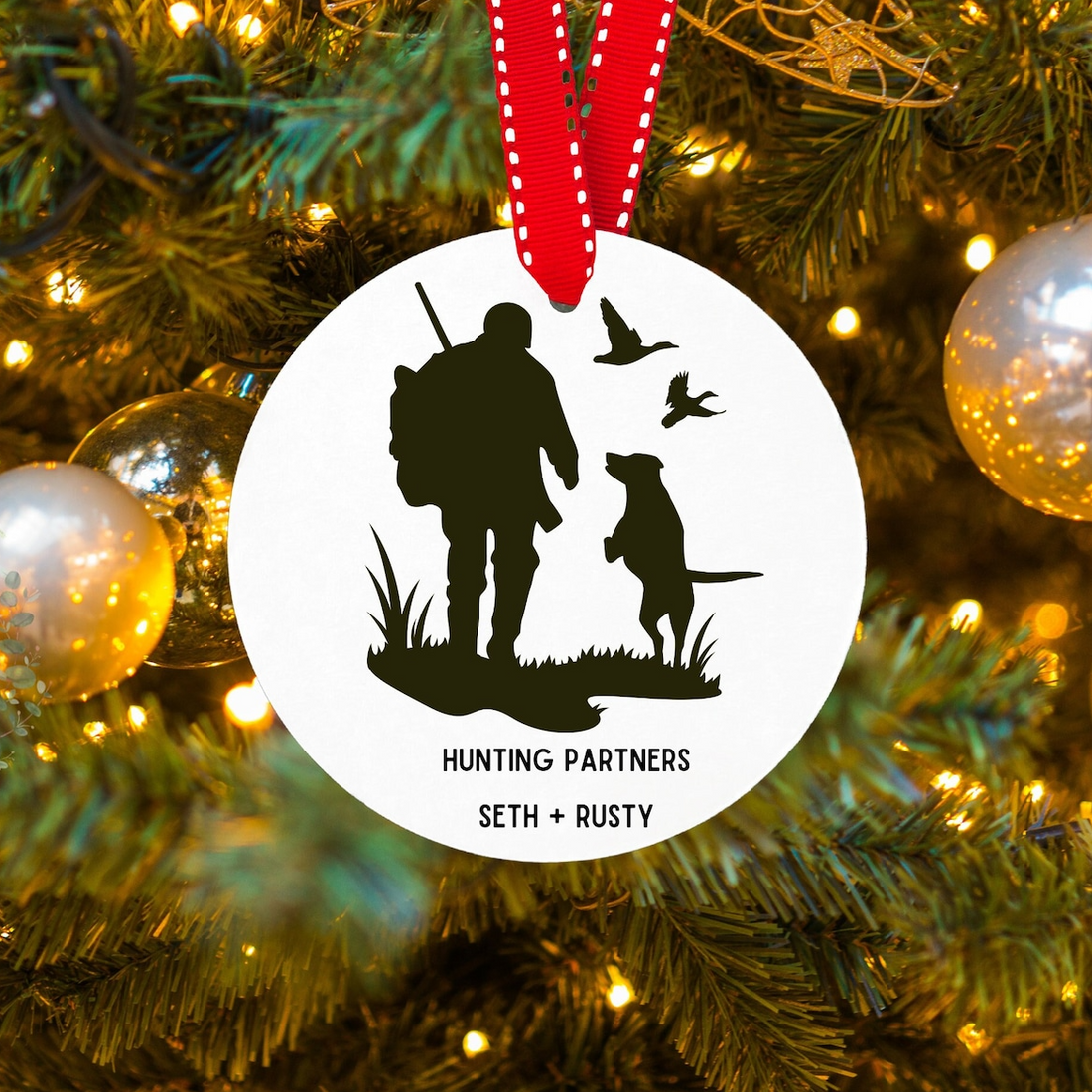 Personalized Hunting Partners Man and Dog circle ceramic ornament, alternate view 3
