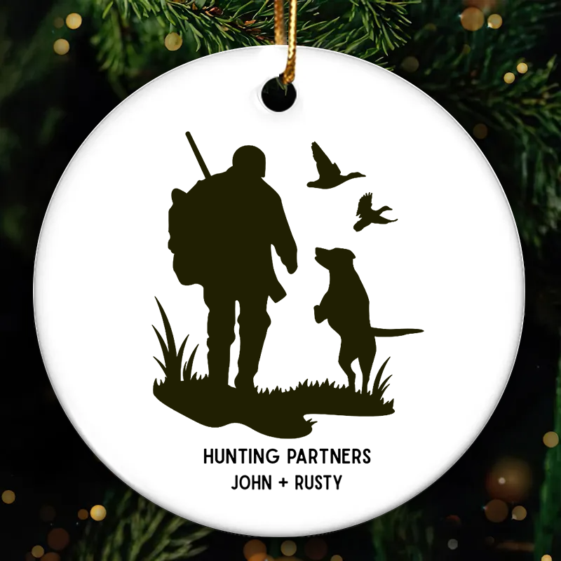 Personalized Hunting Partners Man and Dog circle ceramic ornament, main view