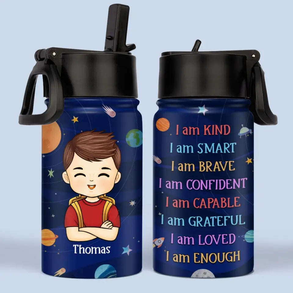 I Am Enough - Personalized Kids Stainless Steel Water Bottle - Custom Gift For Back To School, First Day of School - Student, Son, Daughter | Kindergarten, Pre-K, Preschool