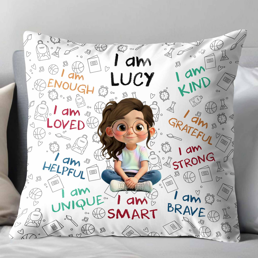 "I Am Enough" kid pillow with child avatar and name, main view