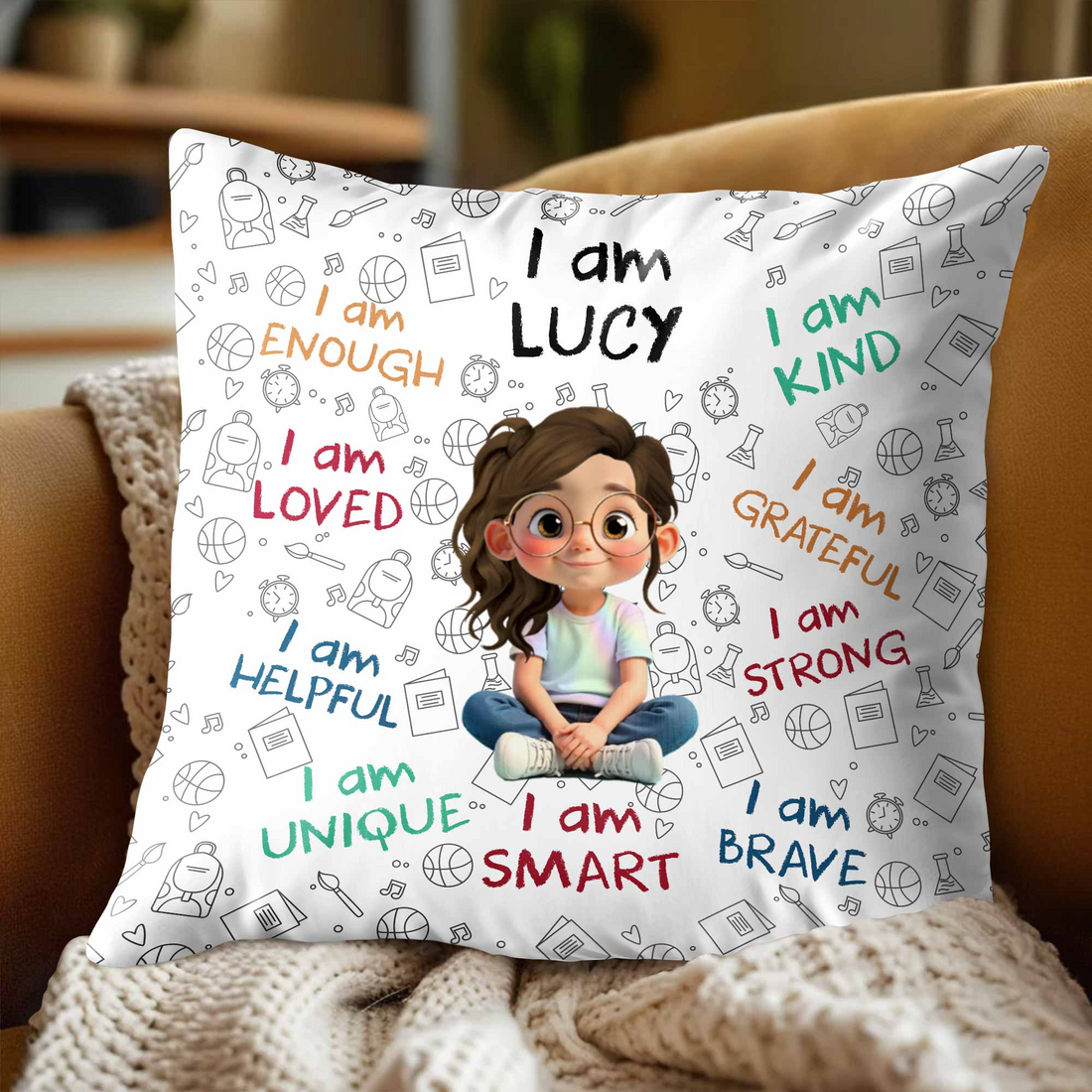 "I Am Enough" kid pillow with child avatar and name, alternate view 5