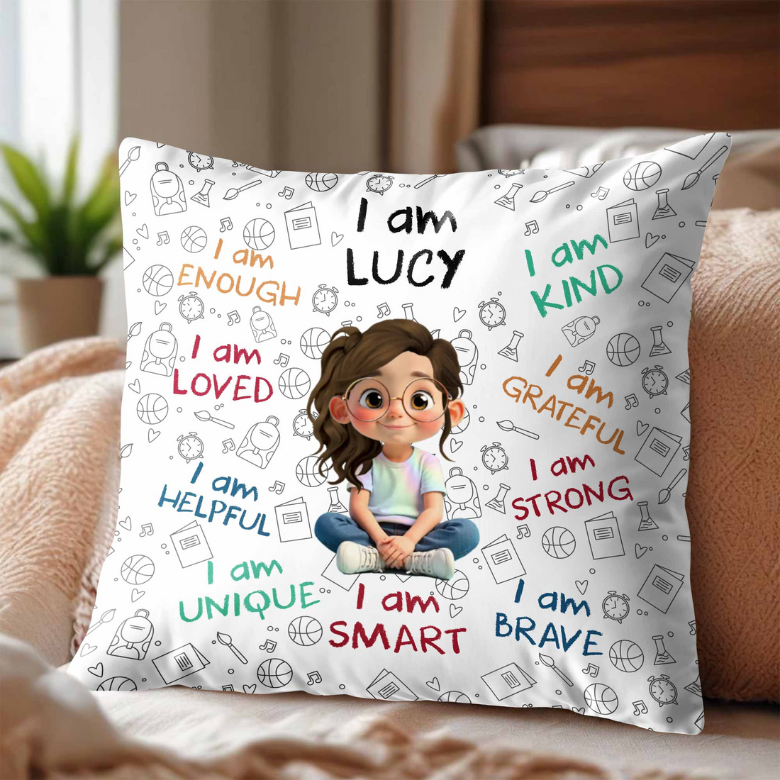 "I Am Enough" kid pillow with child avatar and name, alternate view 3